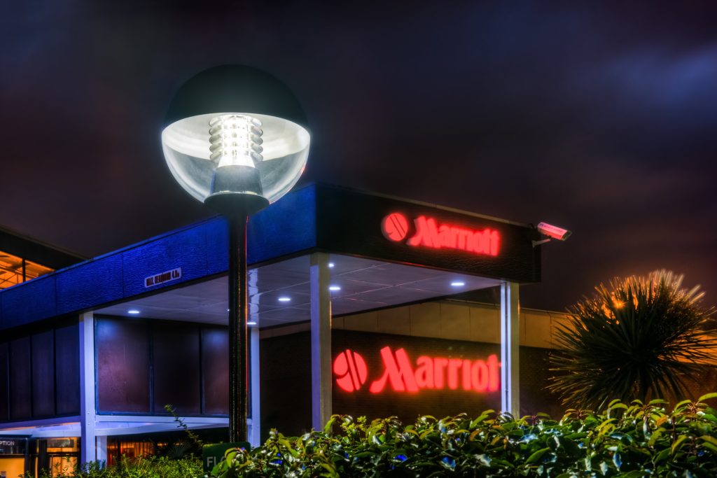 Jaguar 30W LED Street Light Globe mounted outside Marriott Hotel