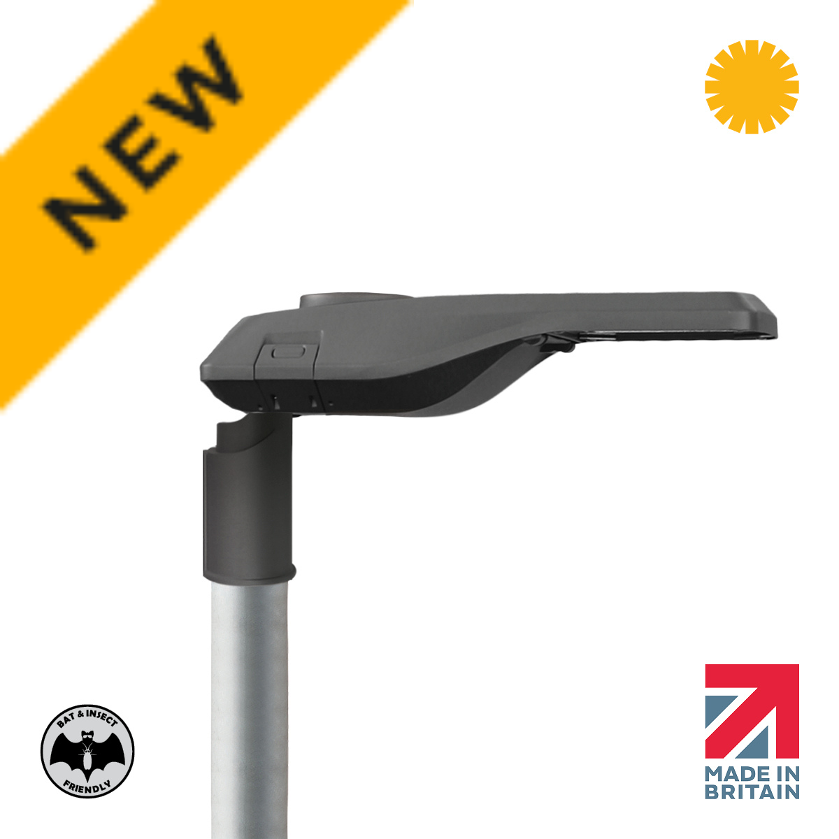 Vesper II LED street light with Zhaga socket, 3000K bat-friendly light, British-made, on column.